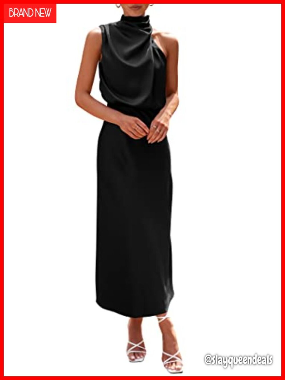 Women's Satin Maxi Dress Sleeveless Mock Neck Fit & Flare Cocktail Party